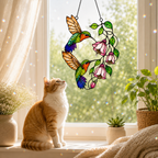 Hummingbird Pair & Pink Fuchsia Holographic Acrylic Suncatcher