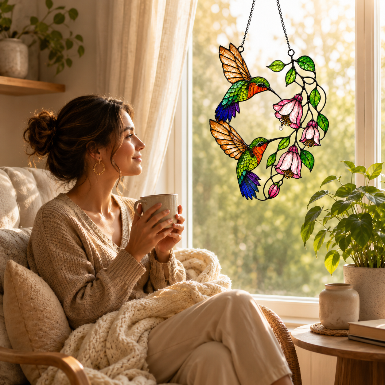 Hummingbird Pair & Pink Fuchsia Holographic Acrylic Suncatcher