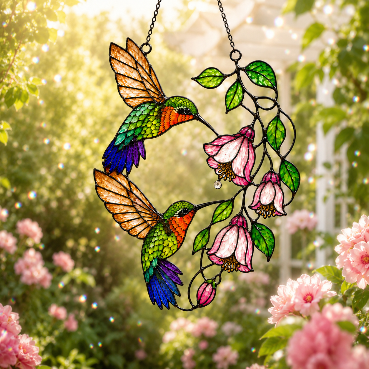 Hummingbird Pair & Pink Fuchsia Holographic Acrylic Suncatcher