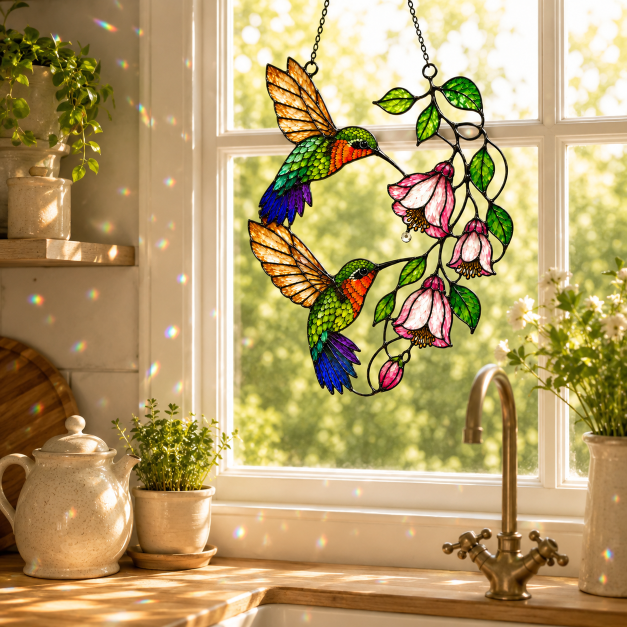 Hummingbird Pair & Pink Fuchsia Holographic Acrylic Suncatcher