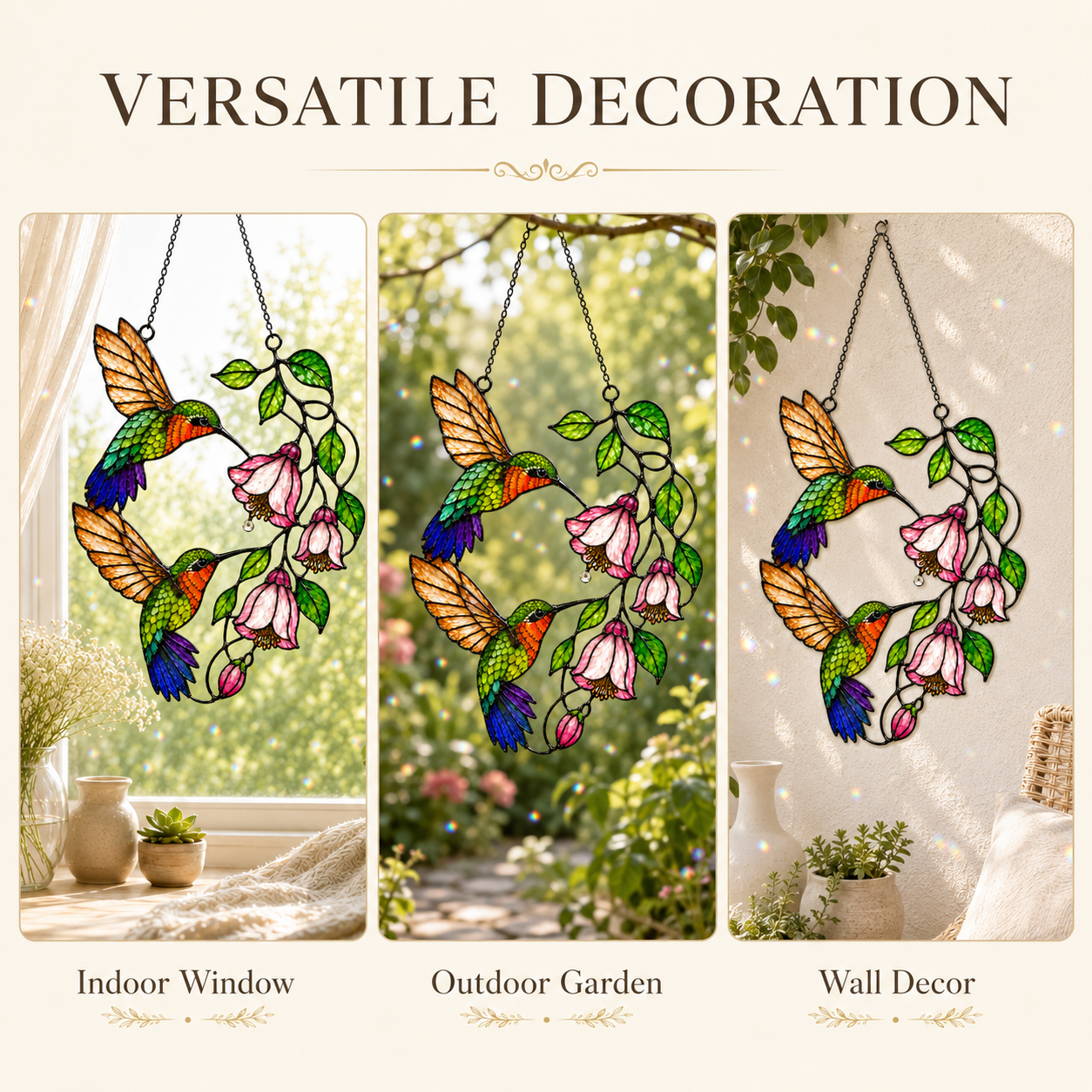 Hummingbird Pair & Pink Fuchsia Holographic Acrylic Suncatcher
