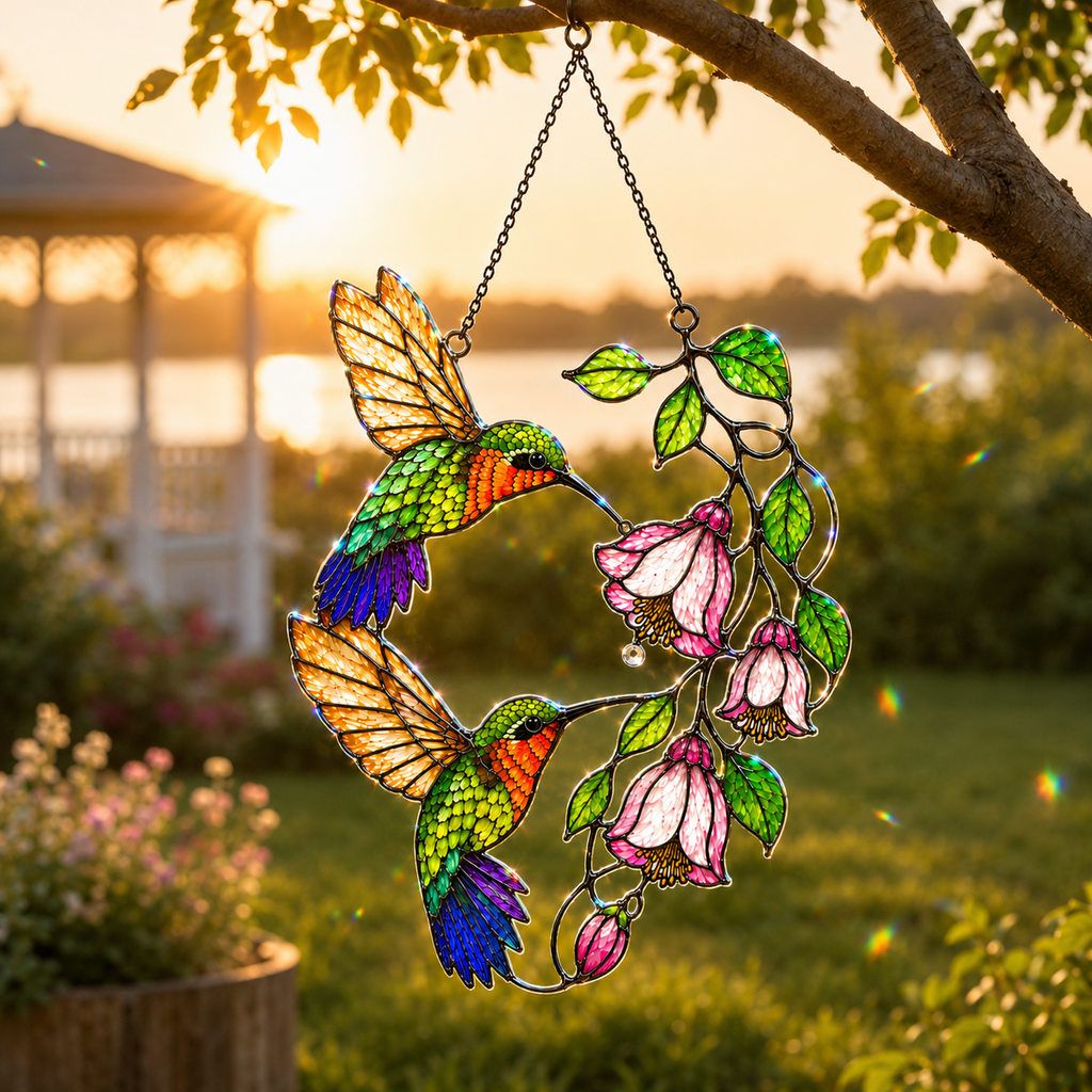 Hummingbird Pair & Pink Fuchsia Holographic Acrylic Suncatcher