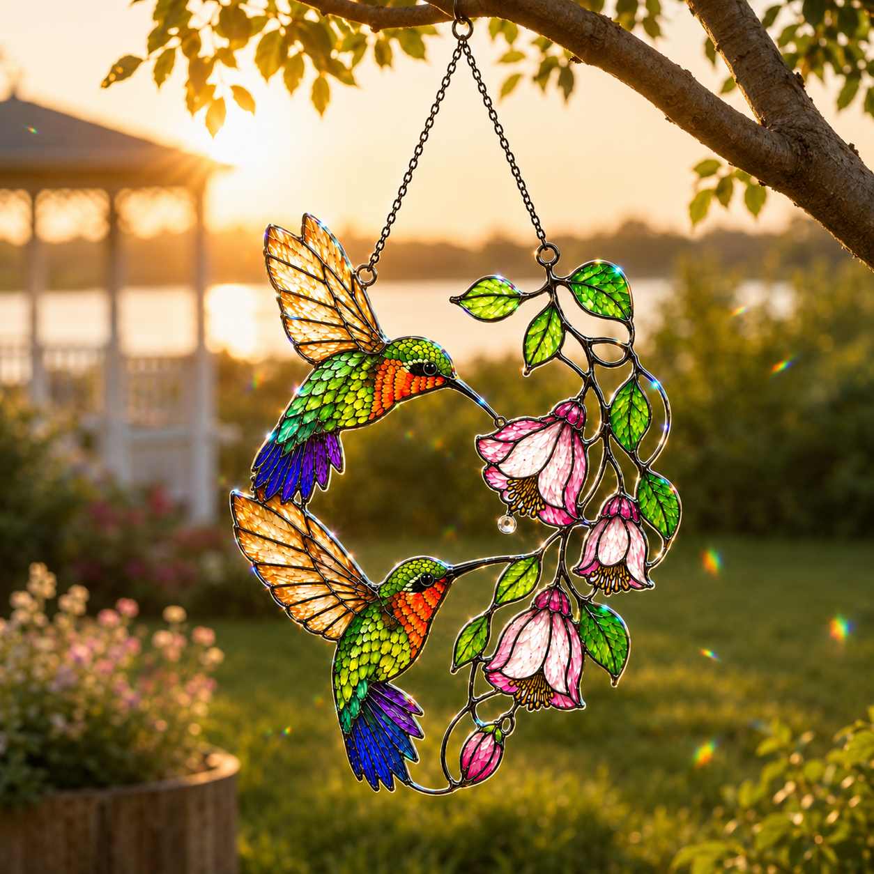 Hummingbird Pair & Pink Fuchsia Holographic Acrylic Suncatcher