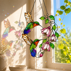 Hummingbird Pair & Pink Fuchsia Holographic Acrylic Suncatcher