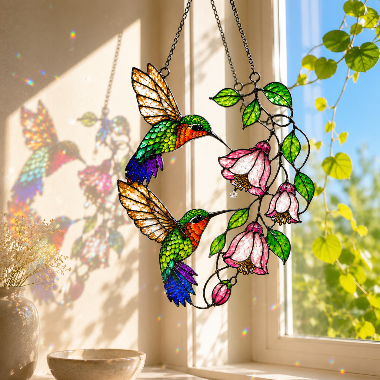 Hummingbird Pair & Pink Fuchsia Holographic Acrylic Suncatcher