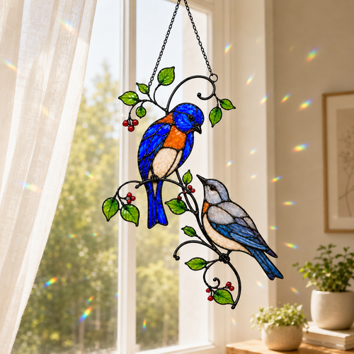 Stained glass style suncatcher with two bluebirds perched on a branch with red berries, hanging in a sunlit window with rainbow light