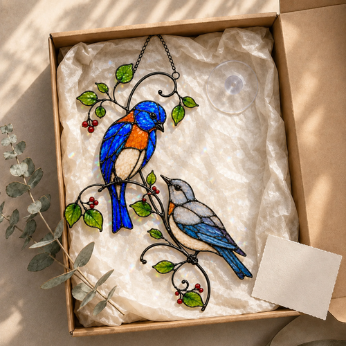 Bluebird Pair & Red Berry Branch Holographic Acrylic Suncatcher