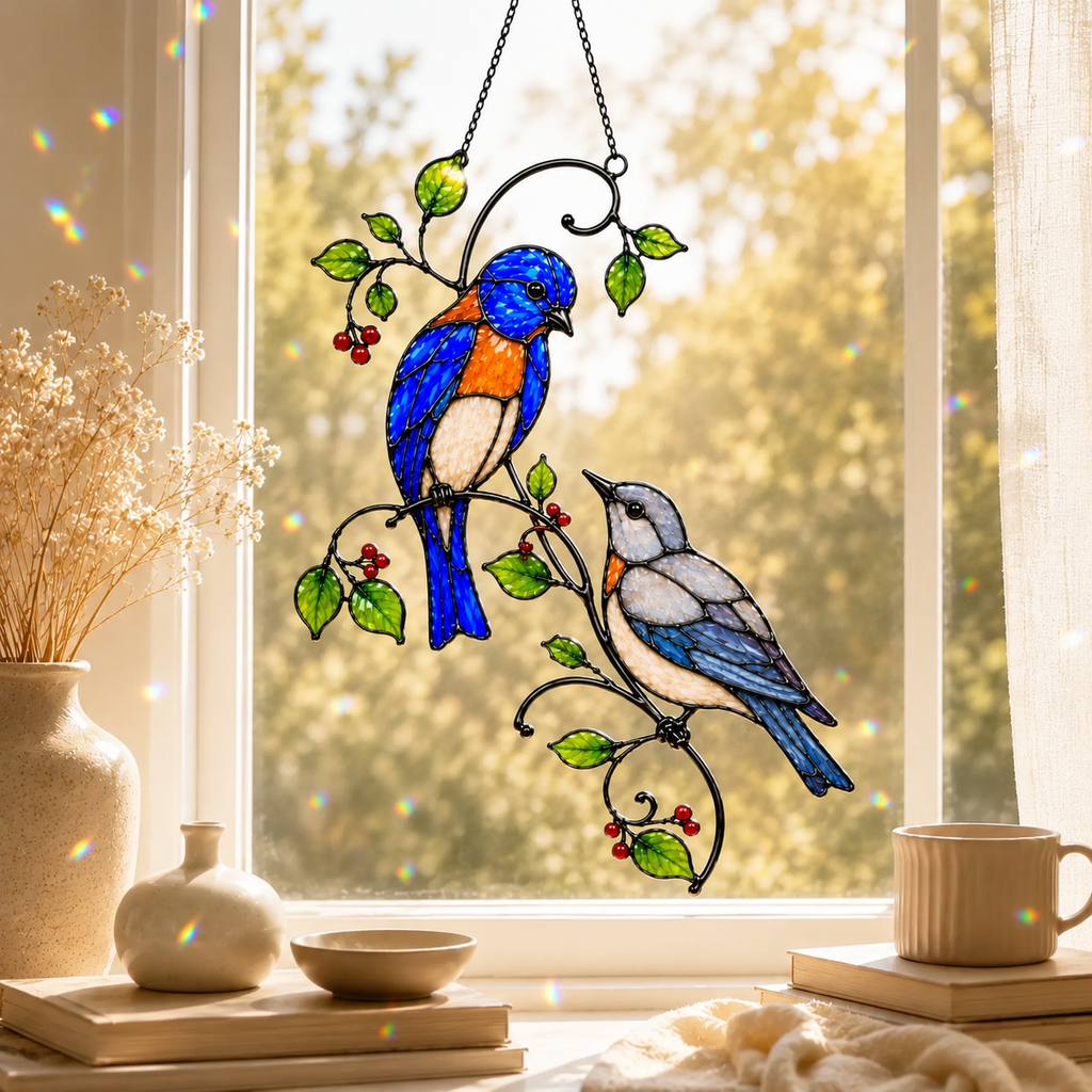 Bluebird Pair & Red Berry Branch Holographic Acrylic Suncatcher