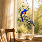 Bluebird Pair & Red Berry Branch Holographic Acrylic Suncatcher