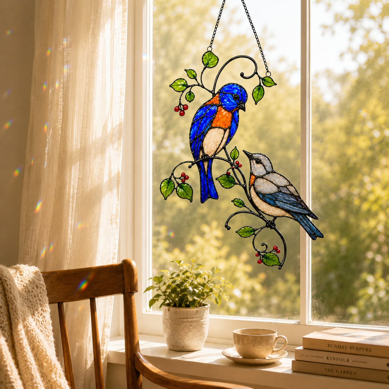 Bluebird Pair & Red Berry Branch Holographic Acrylic Suncatcher