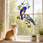 Bluebird Pair & Red Berry Branch Holographic Acrylic Suncatcher