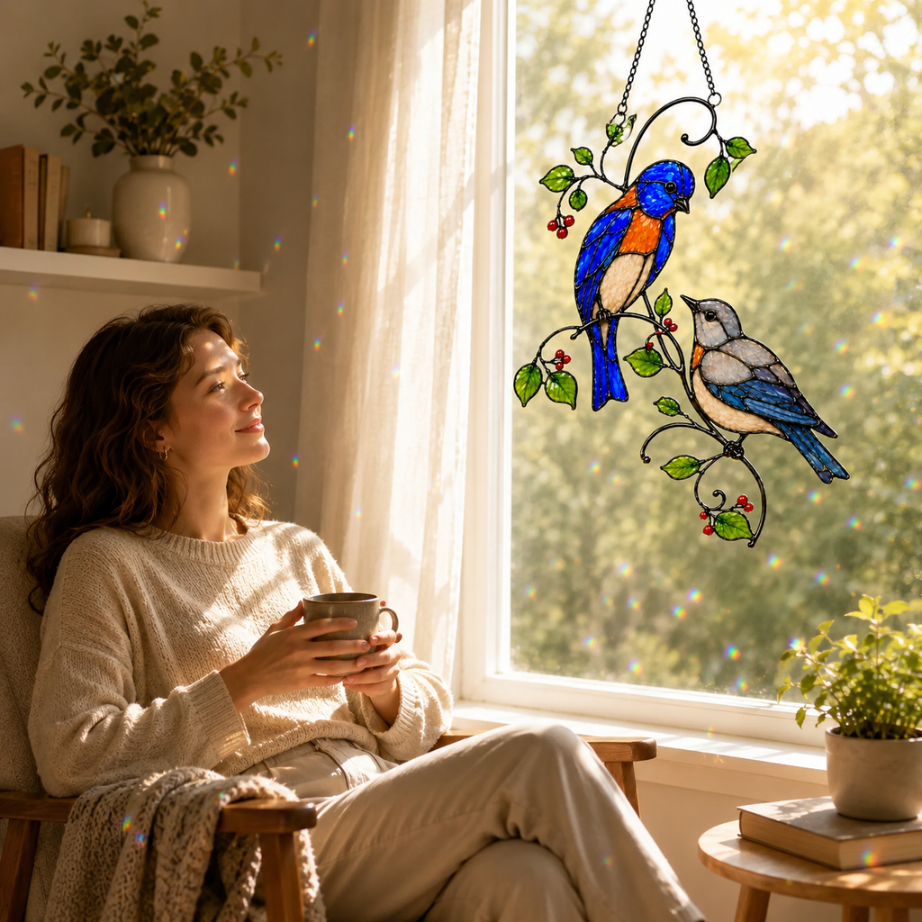 Bluebird Pair & Red Berry Branch Holographic Acrylic Suncatcher
