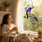 Bluebird Pair & Red Berry Branch Holographic Acrylic Suncatcher