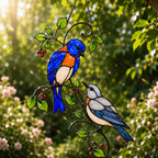 Bluebird Pair & Red Berry Branch Holographic Acrylic Suncatcher
