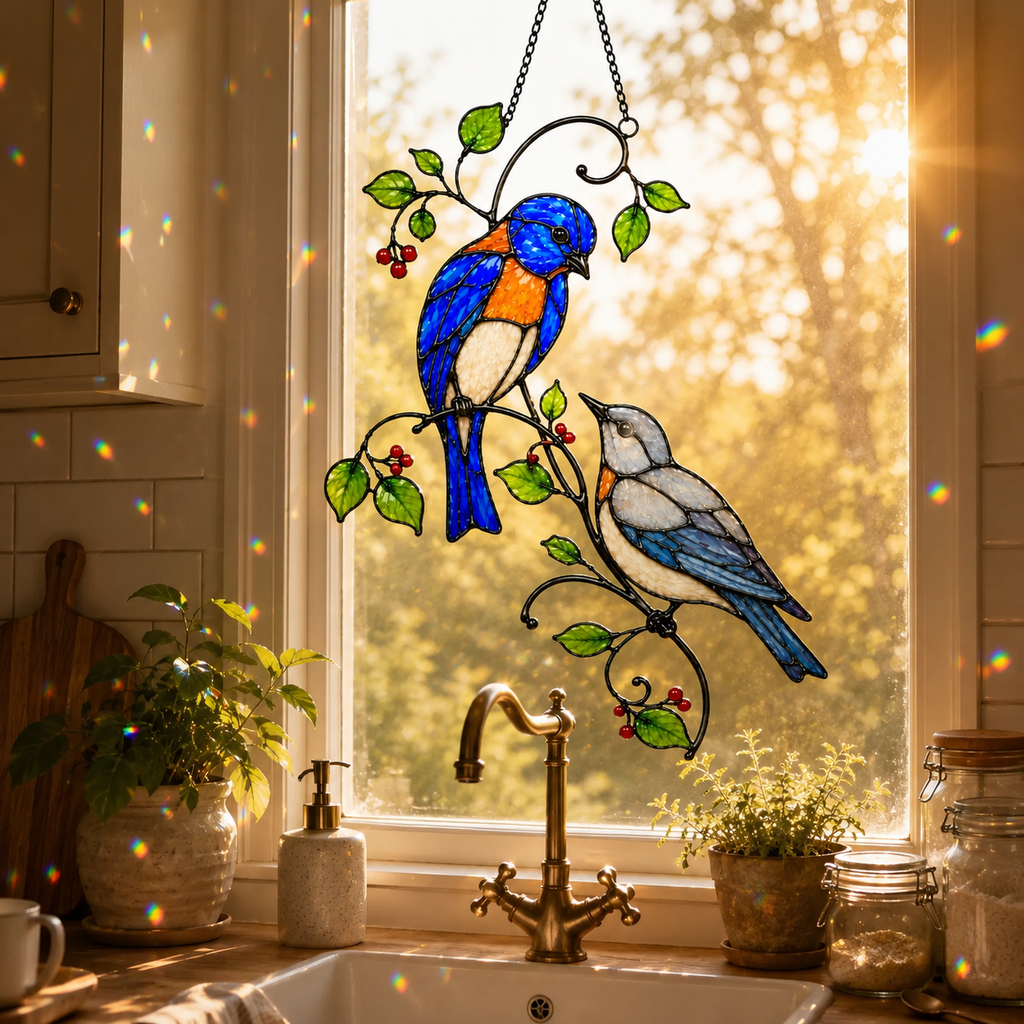 Bluebird Pair & Red Berry Branch Holographic Acrylic Suncatcher