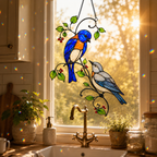 Bluebird Pair & Red Berry Branch Holographic Acrylic Suncatcher