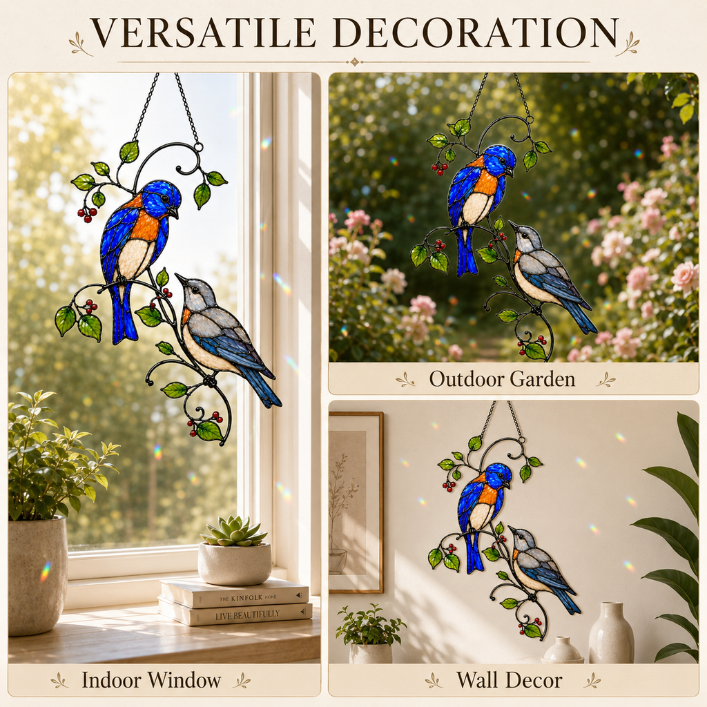 Bluebird Pair & Red Berry Branch Holographic Acrylic Suncatcher