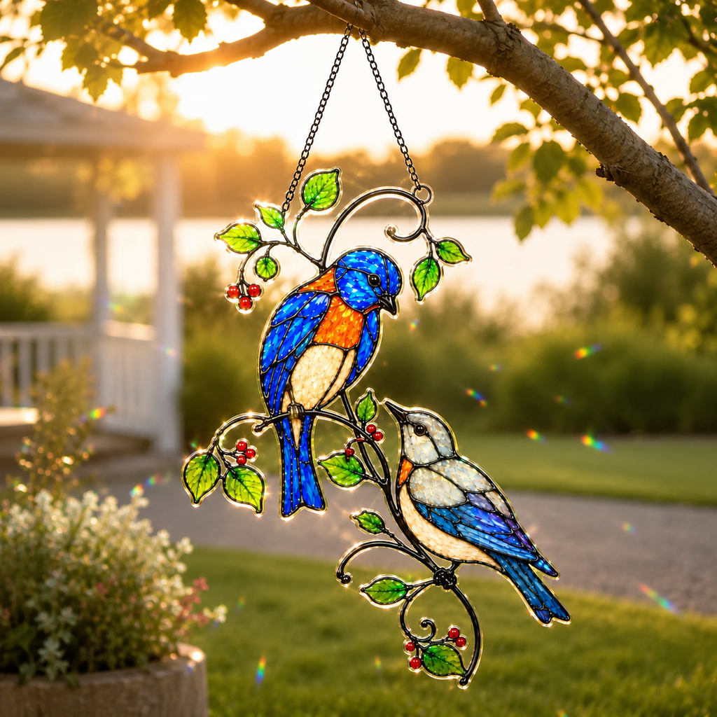 Bluebird Pair & Red Berry Branch Holographic Acrylic Suncatcher