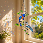 Bluebird Pair & Red Berry Branch Holographic Acrylic Suncatcher