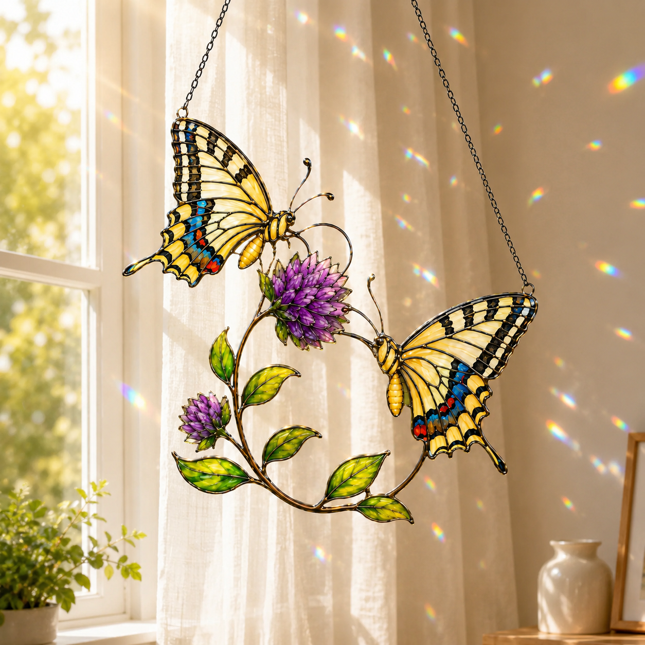 Stained glass style suncatcher with two yellow swallowtail butterflies and purple clover flowers, hanging in a sunlit window with rainbow light