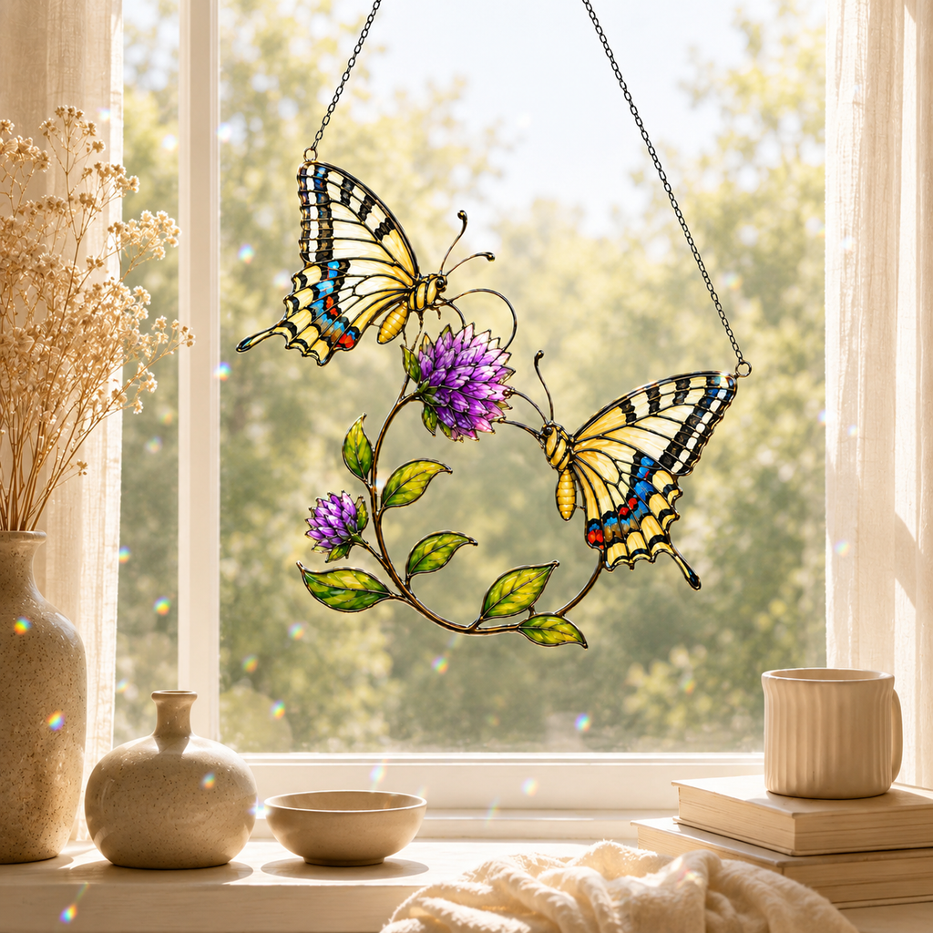 Swallowtail Butterfly Pair & Purple Clover Holographic Acrylic Suncatcher