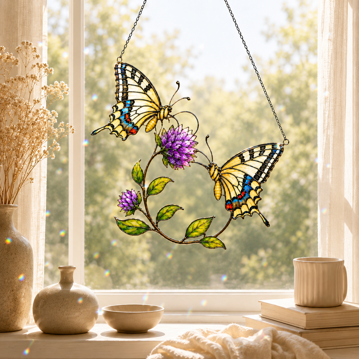 Swallowtail Butterfly Pair & Purple Clover Holographic Acrylic Suncatcher