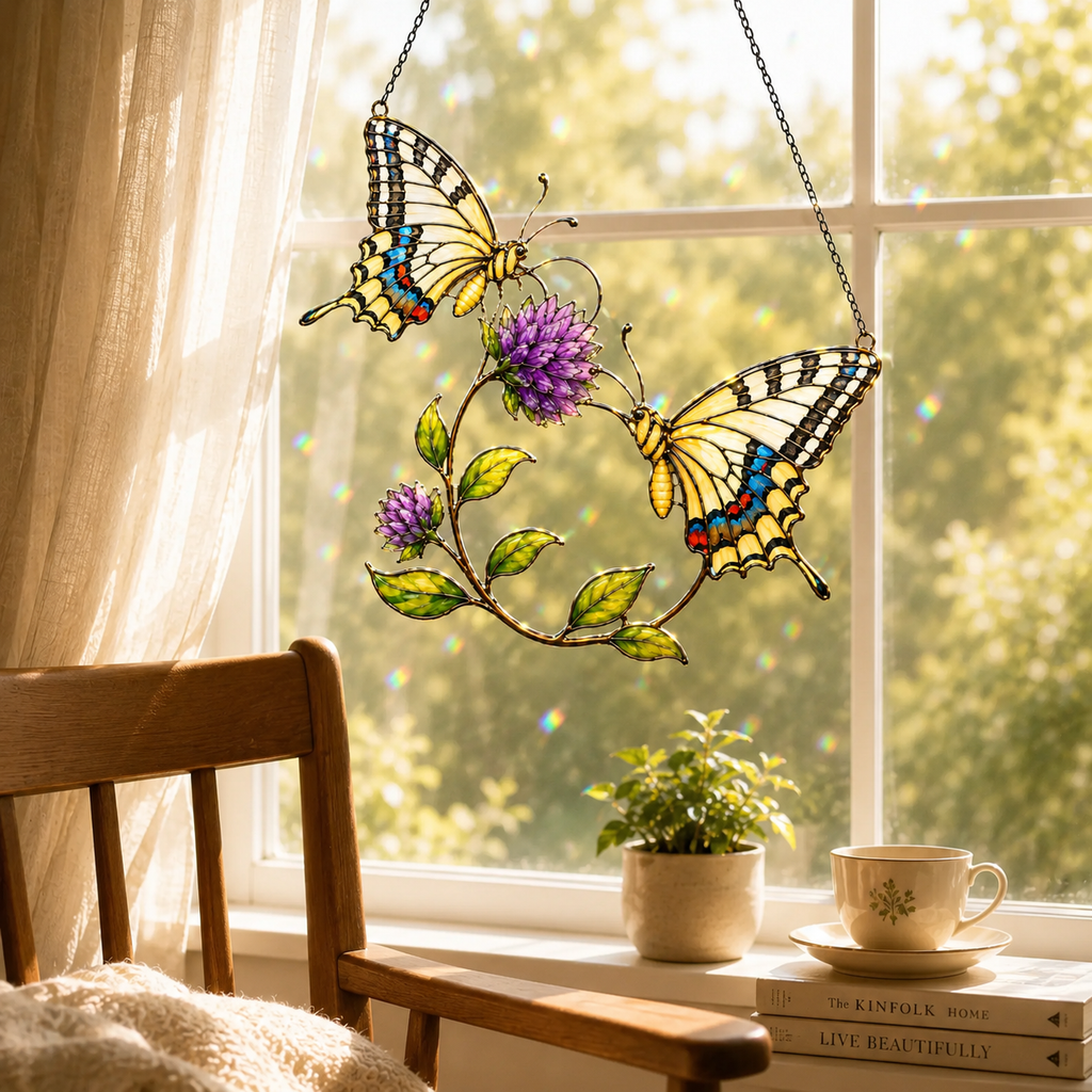 Swallowtail Butterfly Pair & Purple Clover Holographic Acrylic Suncatcher