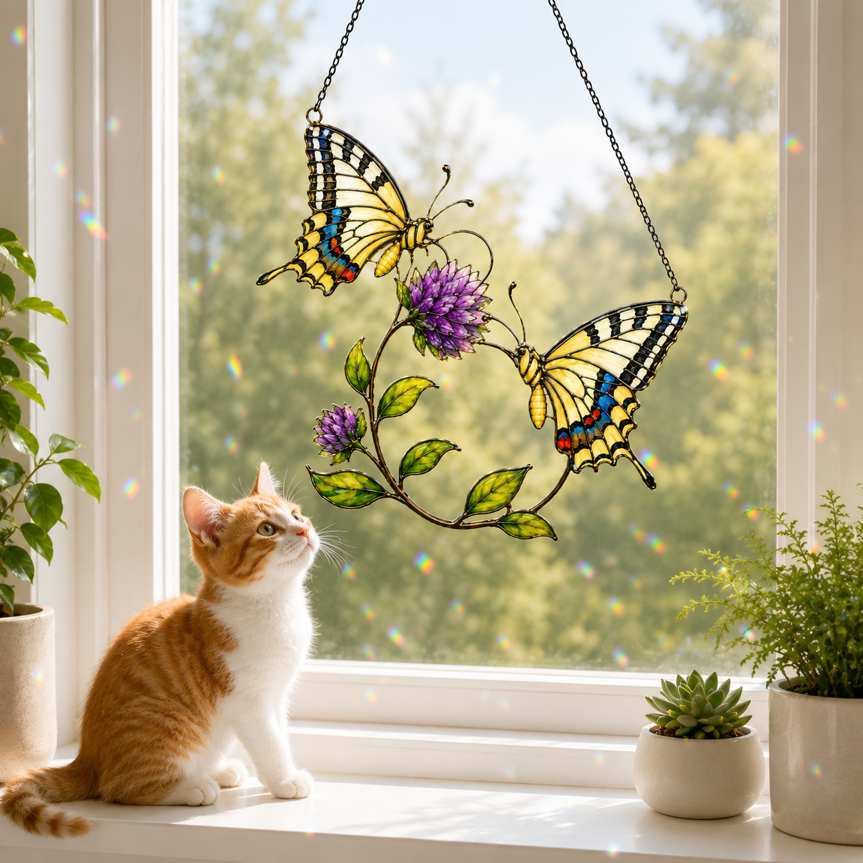 Swallowtail Butterfly Pair & Purple Clover Holographic Acrylic Suncatcher