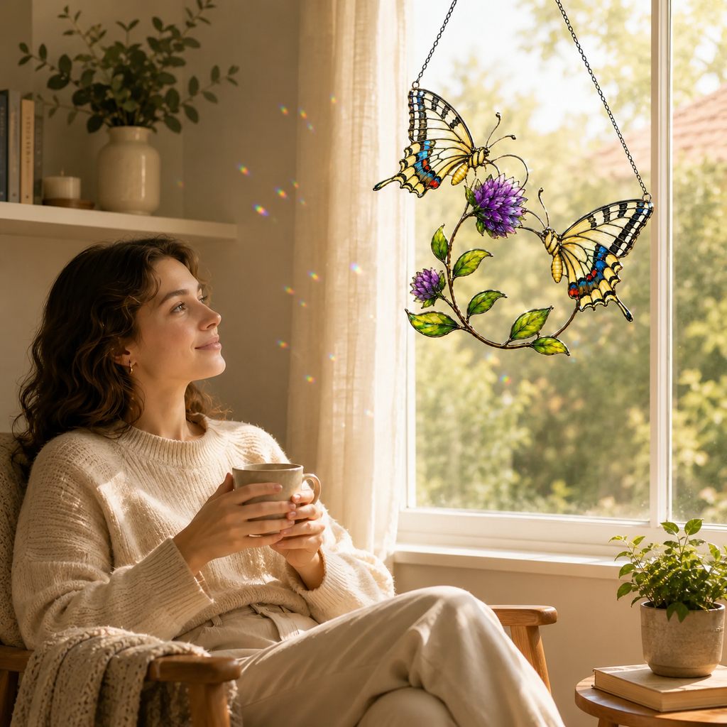 Swallowtail Butterfly Pair & Purple Clover Holographic Acrylic Suncatcher