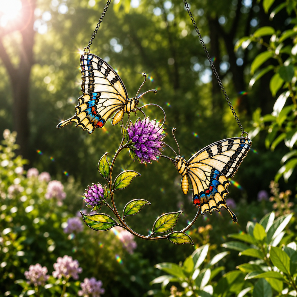 Swallowtail Butterfly Pair & Purple Clover Holographic Acrylic Suncatcher