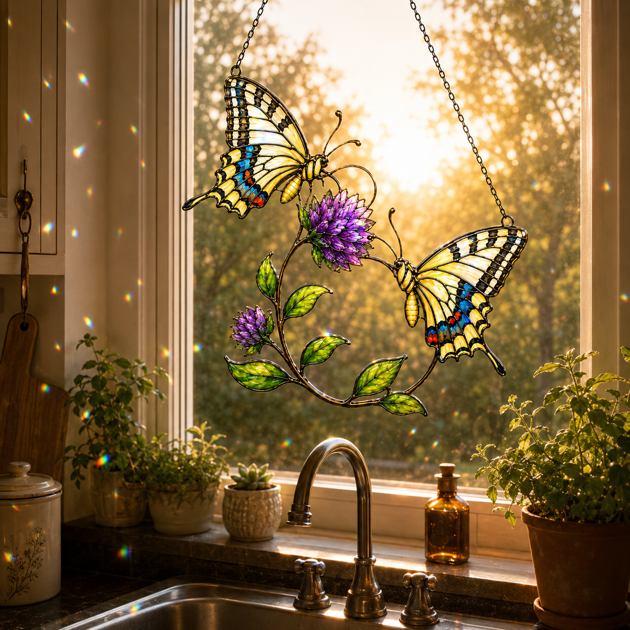 Swallowtail Butterfly Pair & Purple Clover Holographic Acrylic Suncatcher