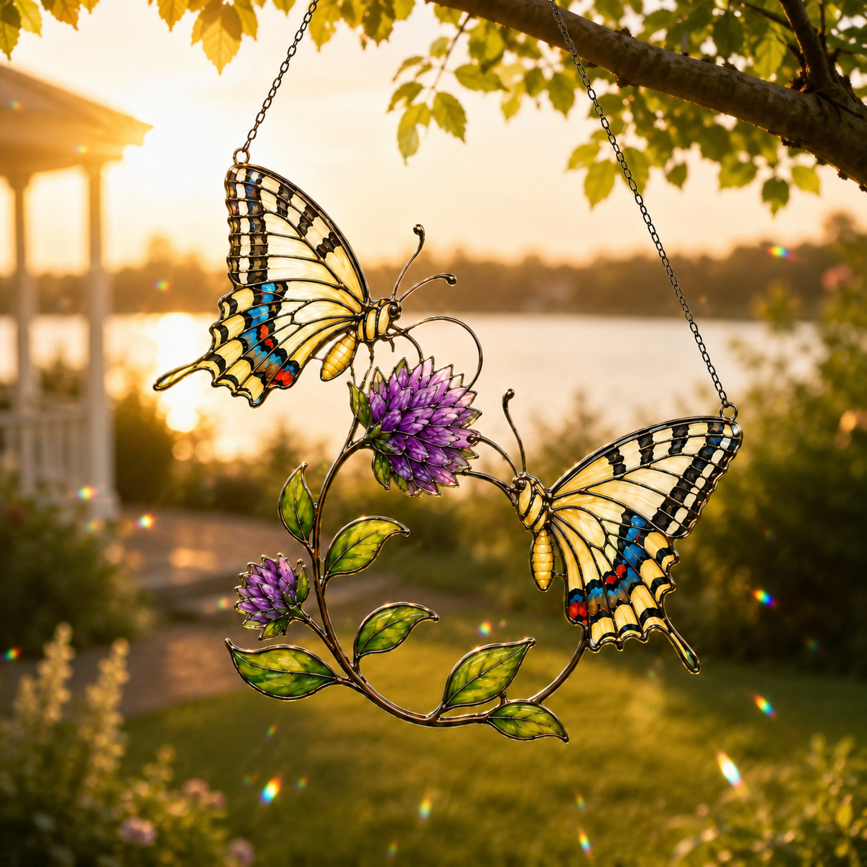 Swallowtail Butterfly Pair & Purple Clover Holographic Acrylic Suncatcher