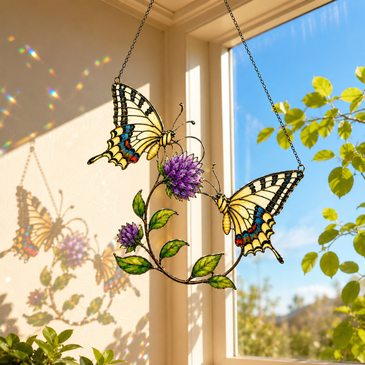 Swallowtail Butterfly Pair & Purple Clover Holographic Acrylic Suncatcher
