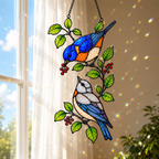 Stained glass style suncatcher with two bluebirds and a branch of red winter berries, hanging in a sunlit window with rainbow light
