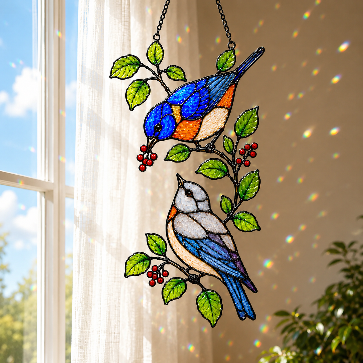 Stained glass style suncatcher with two bluebirds and a branch of red winter berries, hanging in a sunlit window with rainbow light