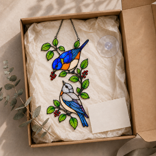 Bluebirds & Winter Berry Branch Holographic Acrylic Suncatcher