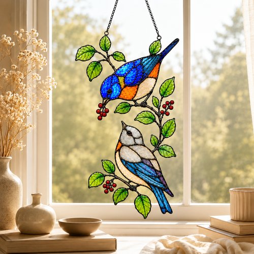 Bluebirds & Winter Berry Branch Holographic Acrylic Suncatcher