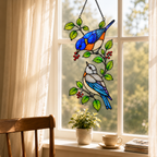 Bluebirds & Winter Berry Branch Holographic Acrylic Suncatcher