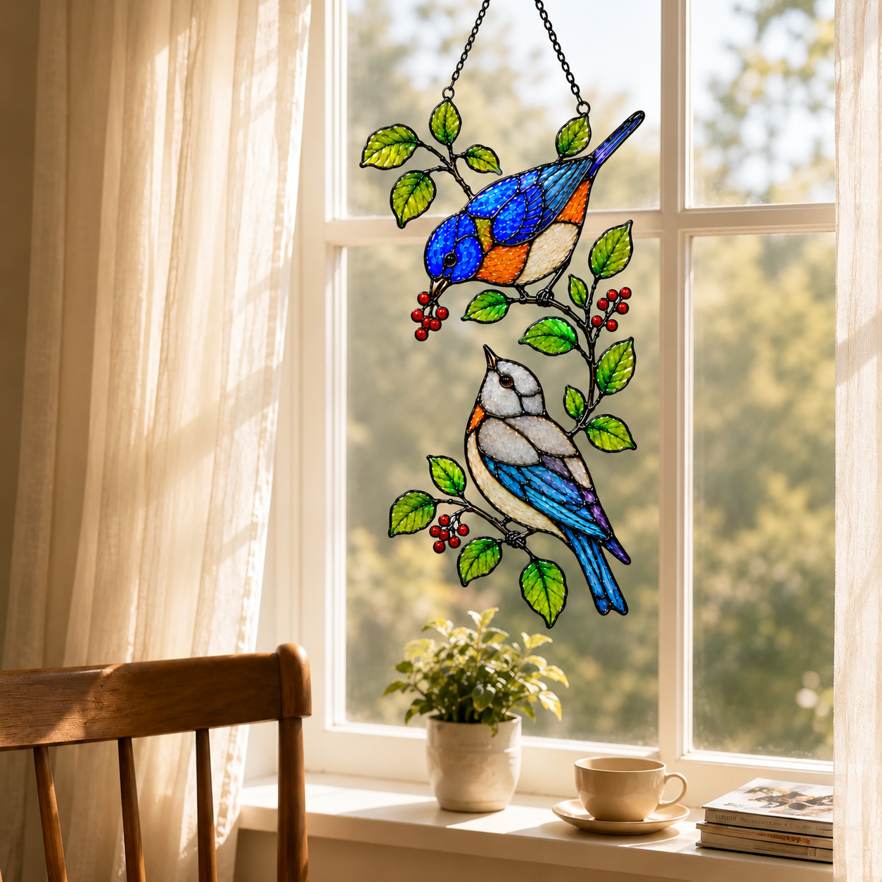 Bluebirds & Winter Berry Branch Holographic Acrylic Suncatcher