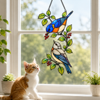Bluebirds & Winter Berry Branch Holographic Acrylic Suncatcher
