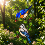 Bluebirds & Winter Berry Branch Holographic Acrylic Suncatcher