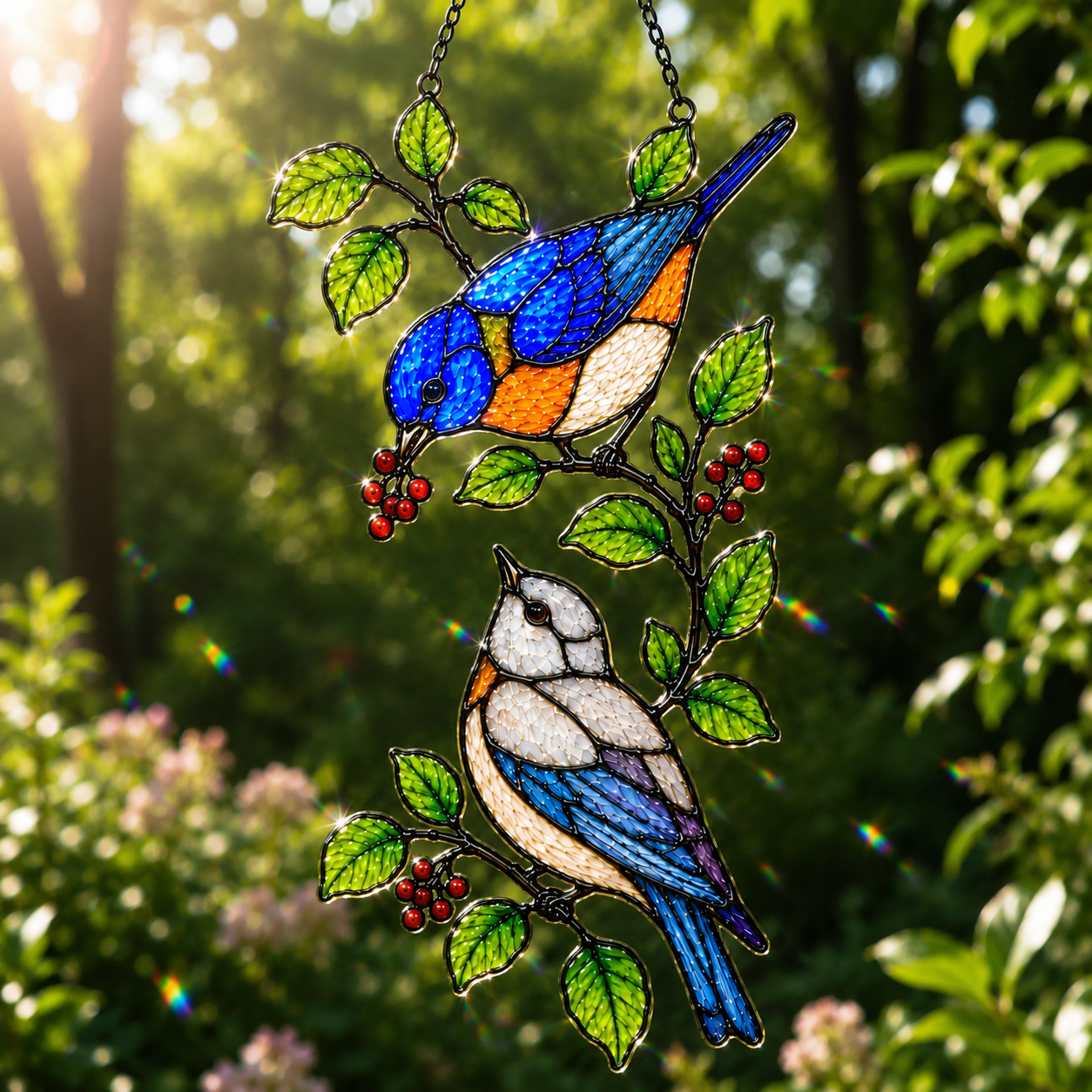 Bluebirds & Winter Berry Branch Holographic Acrylic Suncatcher