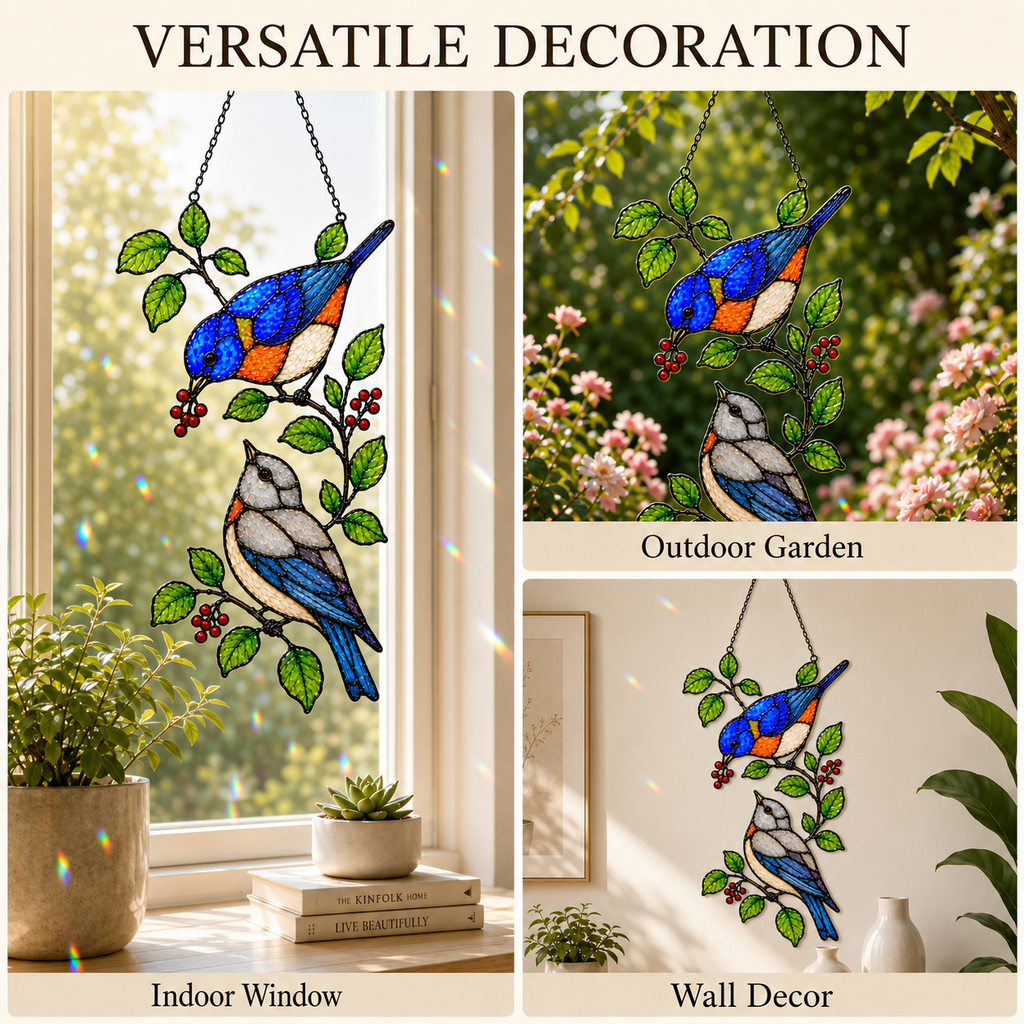 Bluebirds & Winter Berry Branch Holographic Acrylic Suncatcher