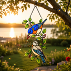 Bluebirds & Winter Berry Branch Holographic Acrylic Suncatcher
