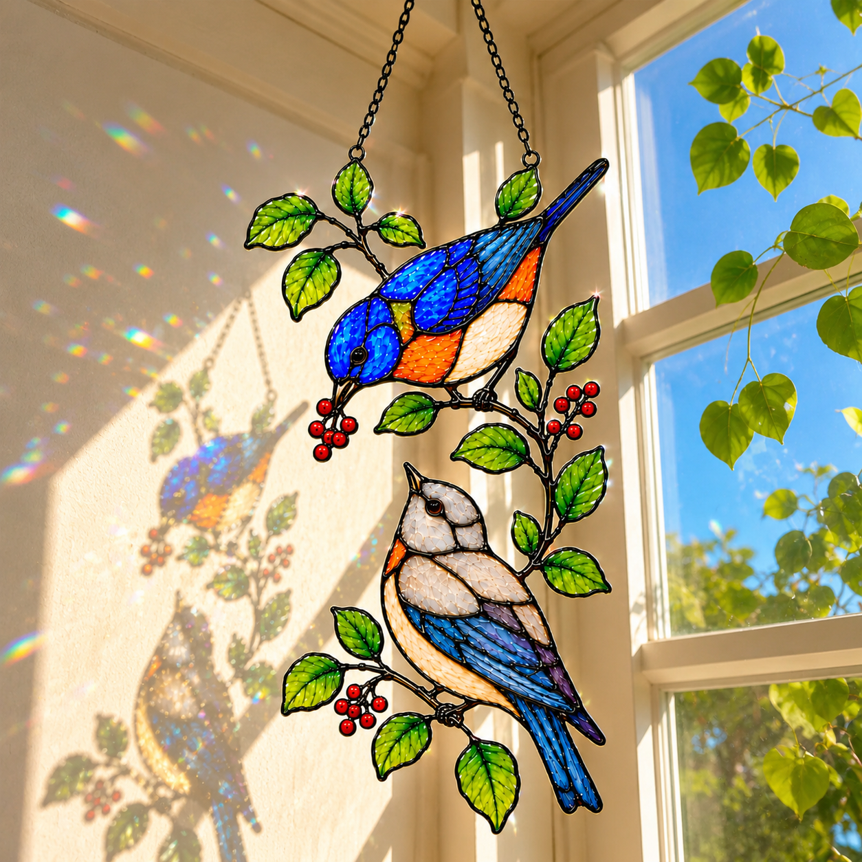 Bluebirds & Winter Berry Branch Holographic Acrylic Suncatcher