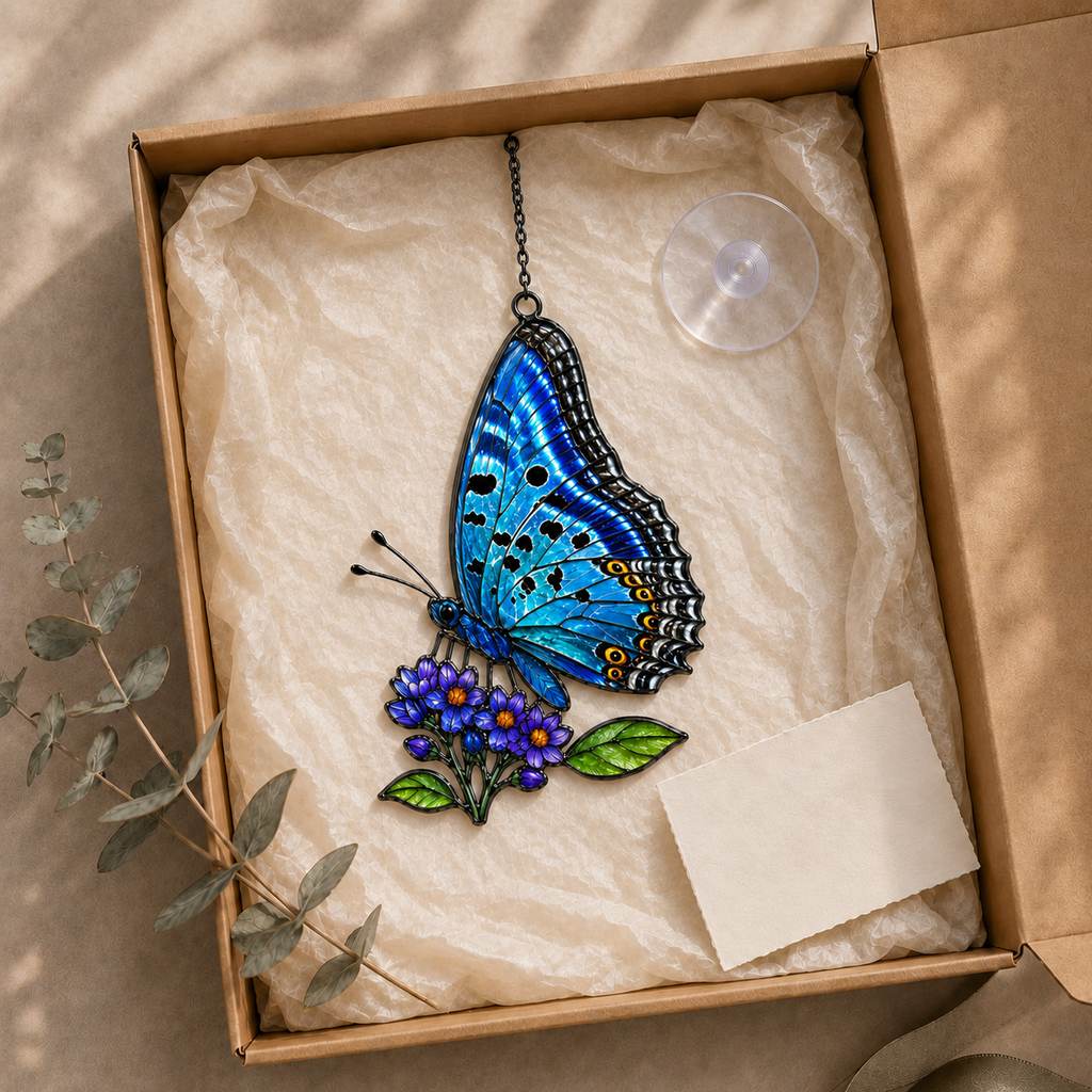 Blue butterfly lilac suncatcher gift box packaging