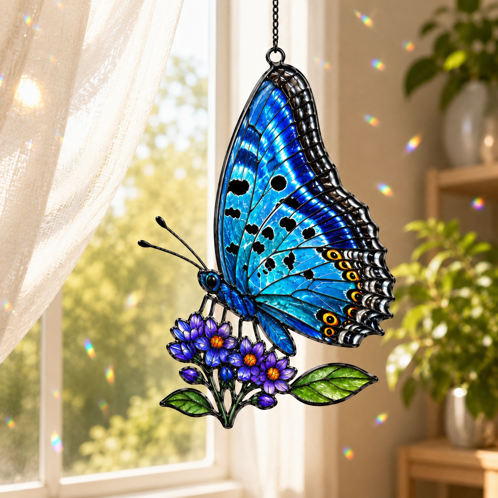 Blue butterfly and purple lilac cluster holographic acrylic suncatcher in a sunlit window