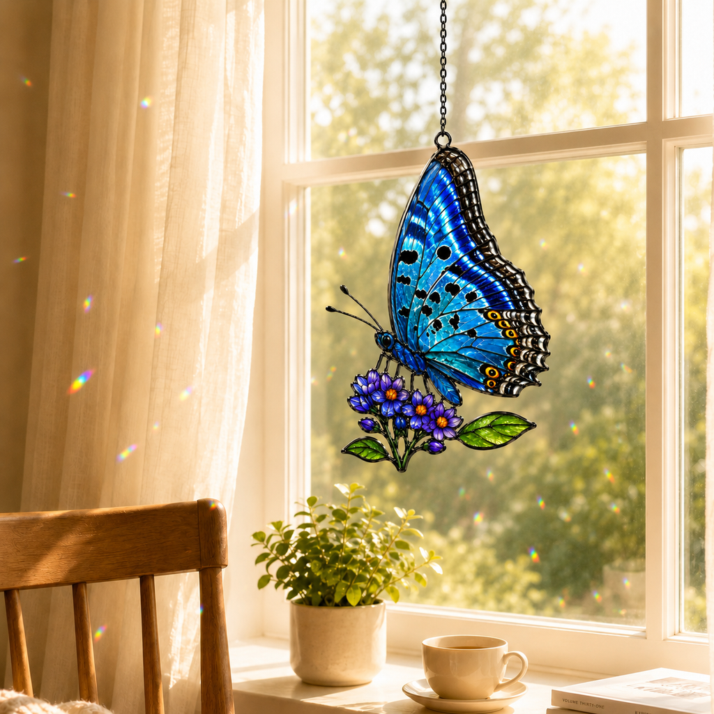Blue butterfly lilac suncatcher by a breakfast window