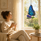 Blue butterfly lilac suncatcher by a cozy reading window