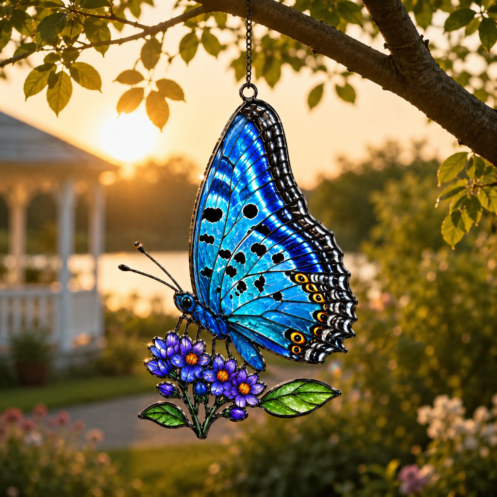 Blue butterfly lilac suncatcher in a garden at sunset